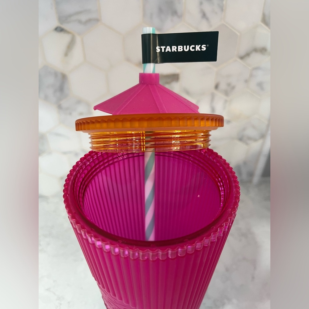 Starbucks 24 oz Pink Teal Ombré Tumbler w/ Pink Umbrella Straw Topper - Picture 3 of 7